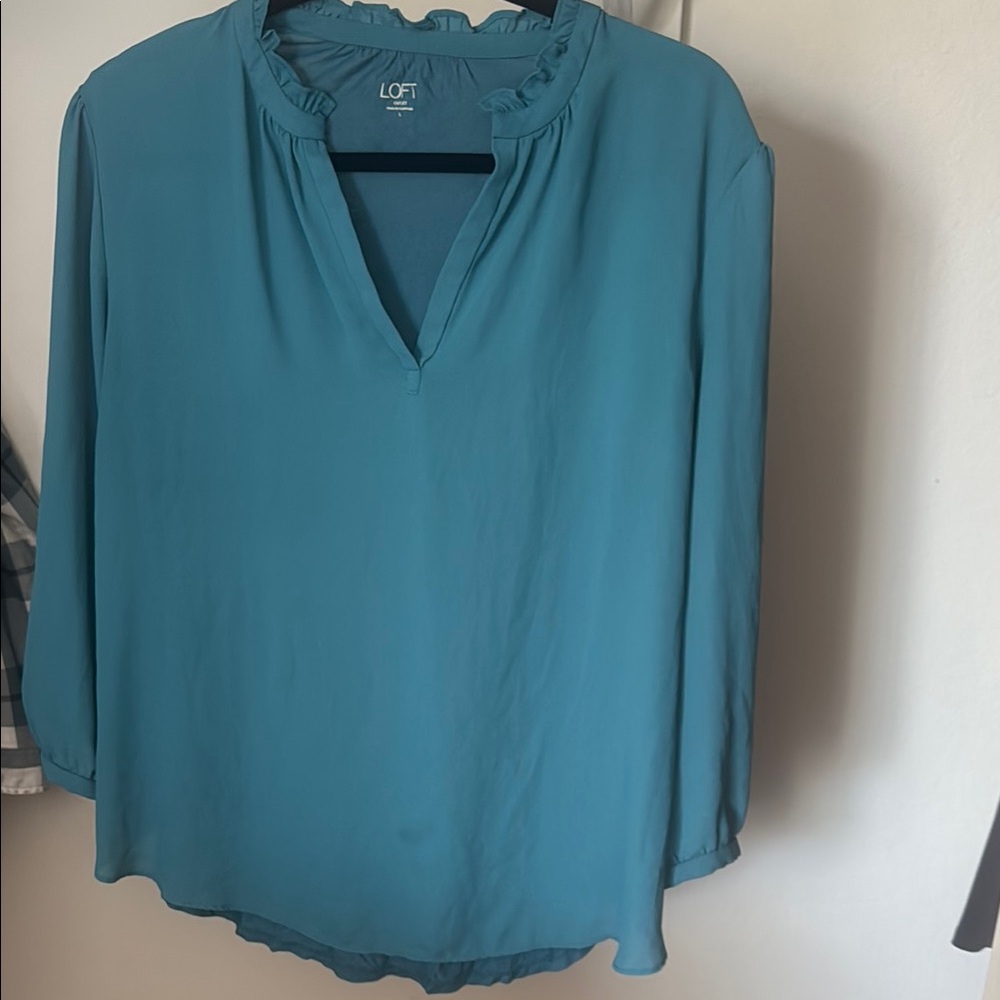 LOFT Ruffled Blouse in Green and Blue with Mandarin Collar